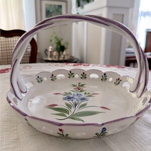 Vtg Hand Painted Floral Fruit Bowl w/Braided Handles
